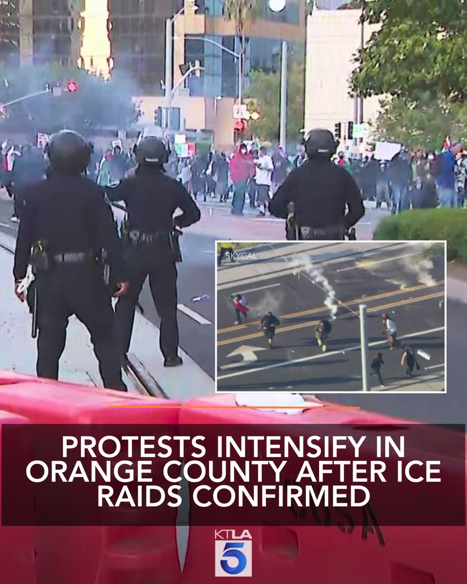Protests have escalated in Santa Ana on Monday night, with law enforcement using tear gas and rubber bullets to disperse crowds after officials confirmed ICE raids taking place in Orange County.