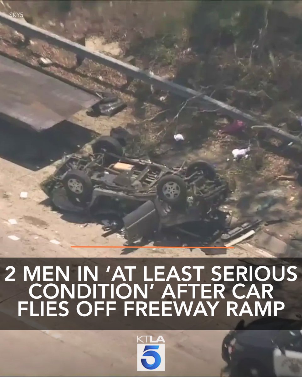 Two men were hurt after a car careened off a transition ramp onto the 101 Freeway early Tuesday afternoon