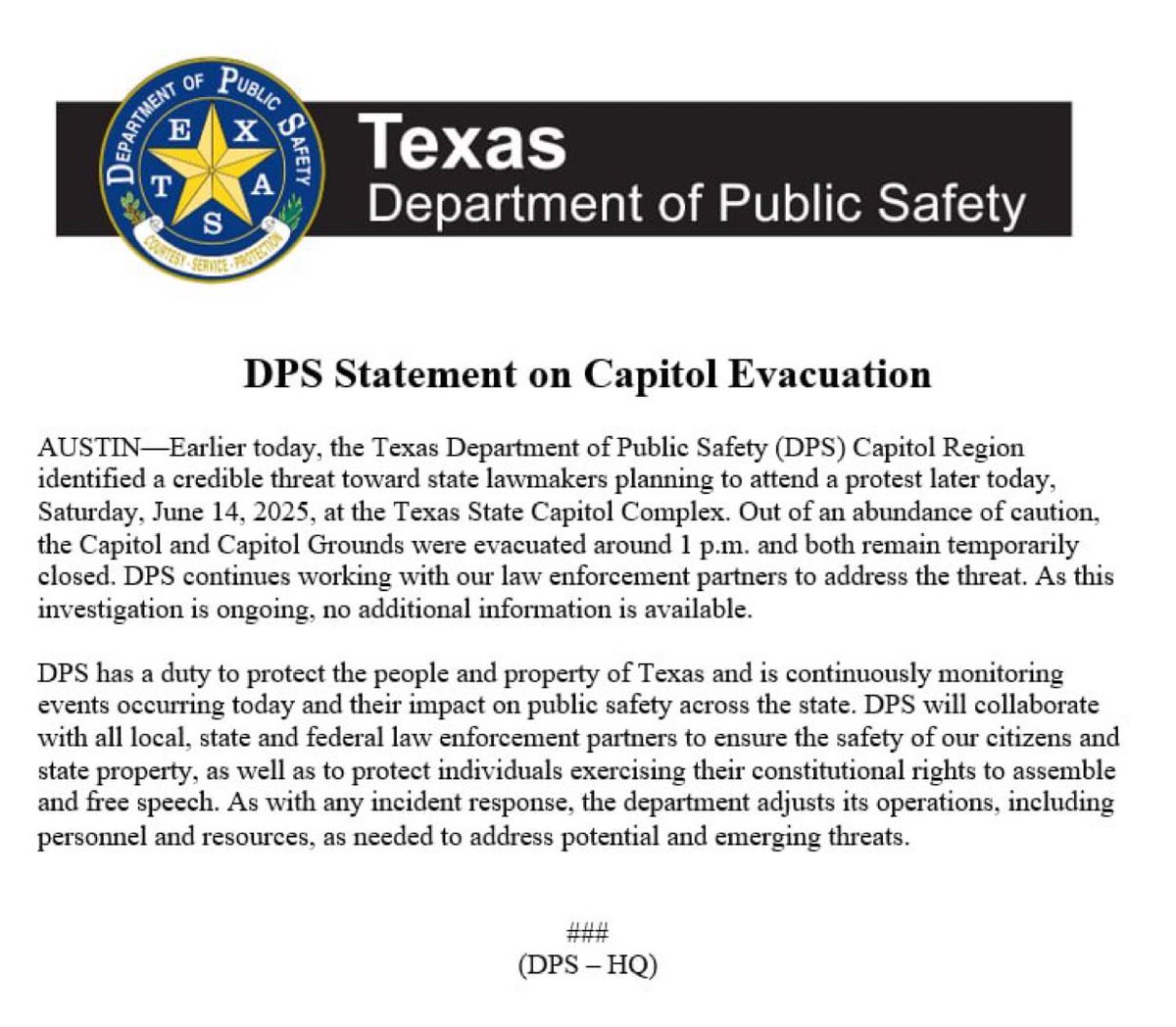 Texas State Capitol was evacuated following “credible threat”