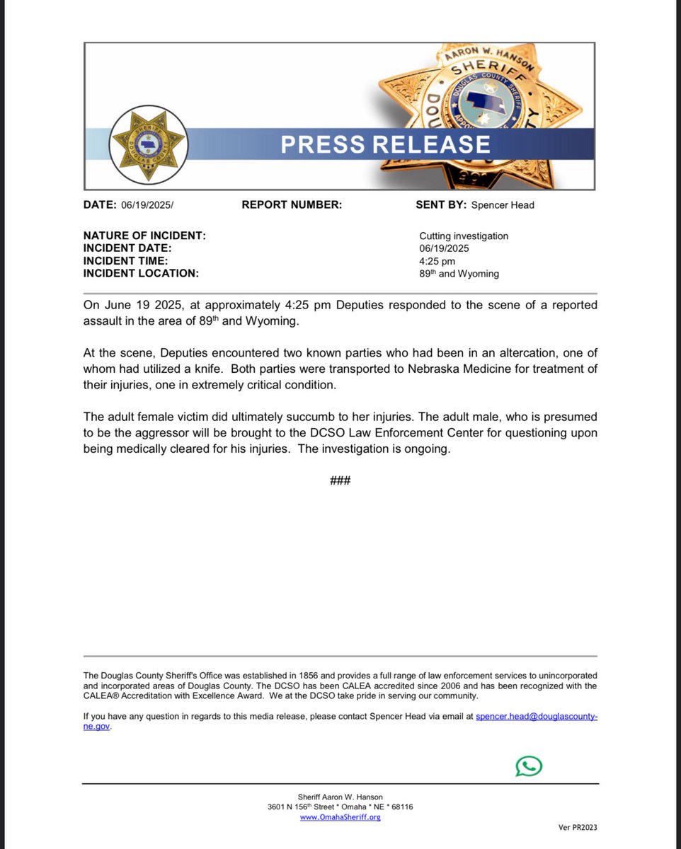 DCSheriffNE is investigating a possible homicide after a female died from injuries sustained in a cutting. This incident occurred near 89th and Wyoming Street