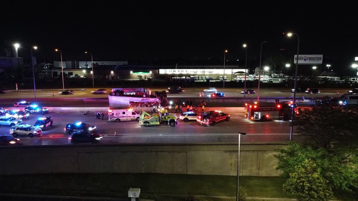 scene of the rollover semi crash on the Kennedy. Driver extricated and transported to Masonic.