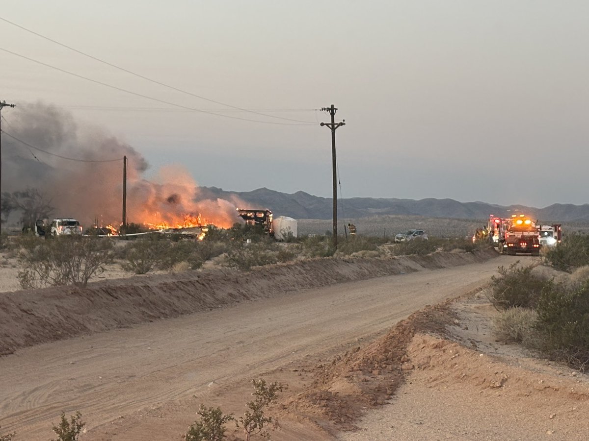Wonder Valley: County Fire on scene of Structure Fire on the 5300 block of Jade Lane. Fire started in a travel trailer and quickly spread to home next to it. Crews are engaged to prevent spread to vegetation