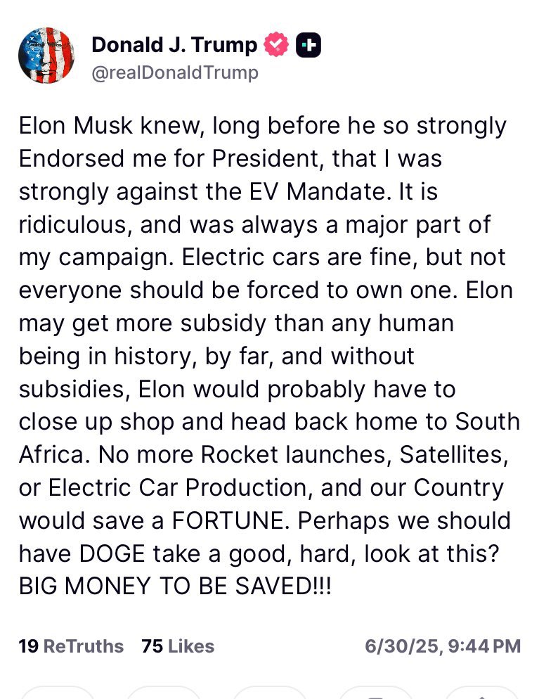 Trump in a new post questions subsides for Elon Musk companies