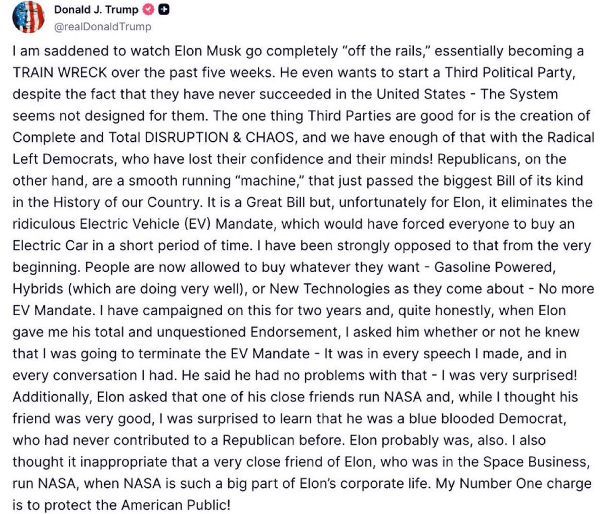 Trump posts about Elon Musk on Truth Social