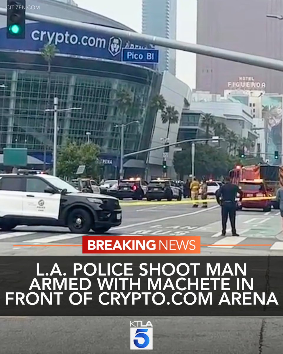 Police are asking the public to avoid an area in downtown Los Angeles near the  after an officer fired shots at a machete-wielding man on Sunday morning