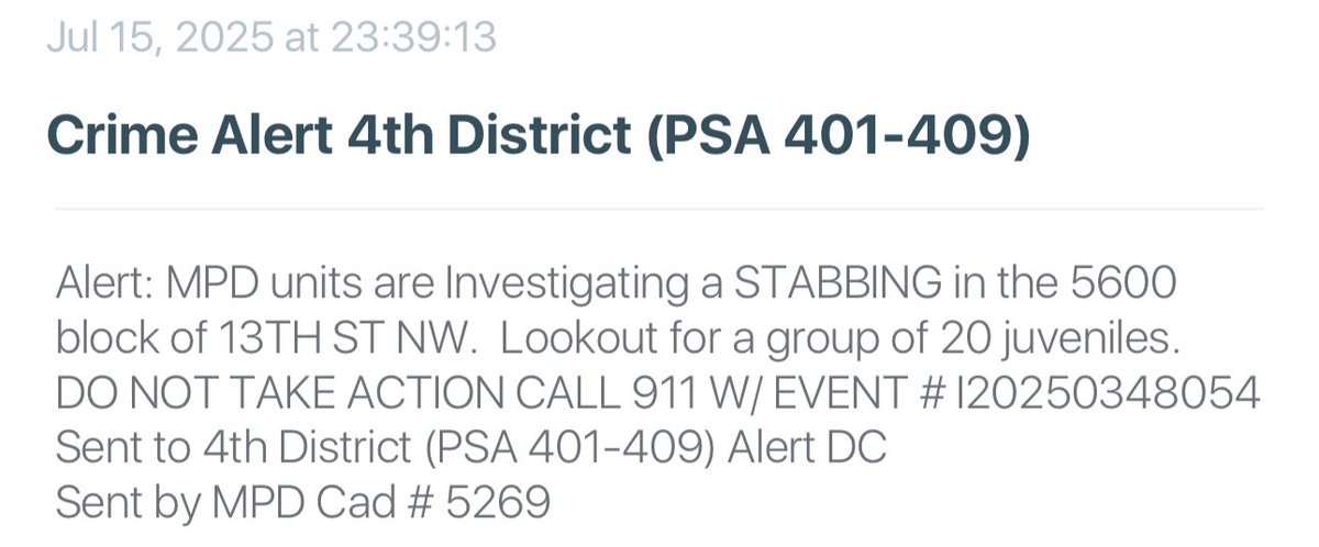 DC Police are looking for a group of 20 juveniles after a stabbing on the 5600 block of 13th Street NW, near Sixteenth Street Heights