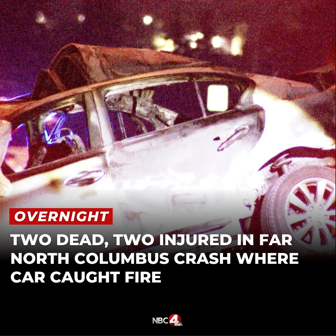Two people are dead and another two are injured after a car crashed into an embankment and caught fire on the far north side of Columbus