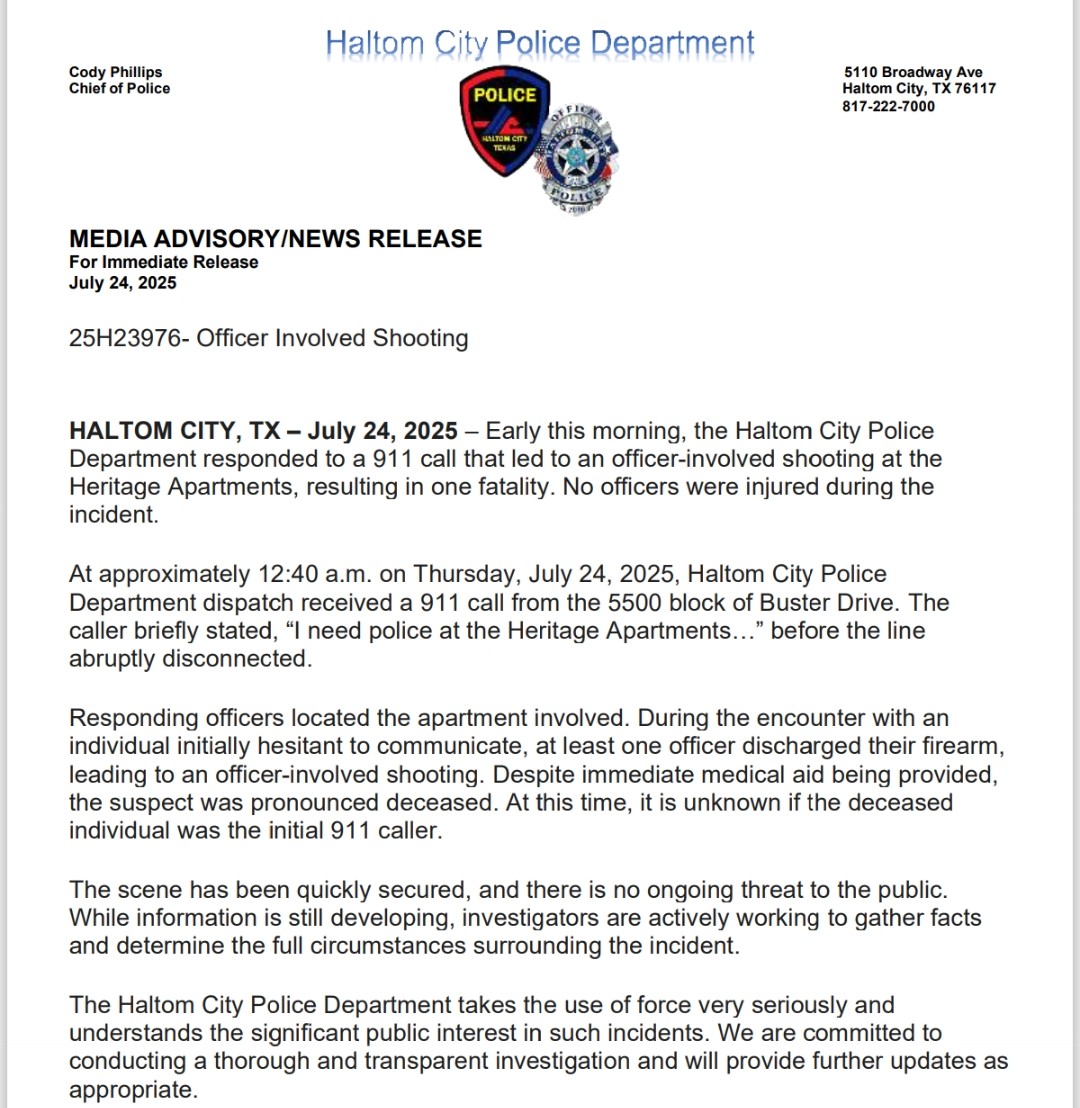 1 dead in @HaltomCityPD officer involved shooting