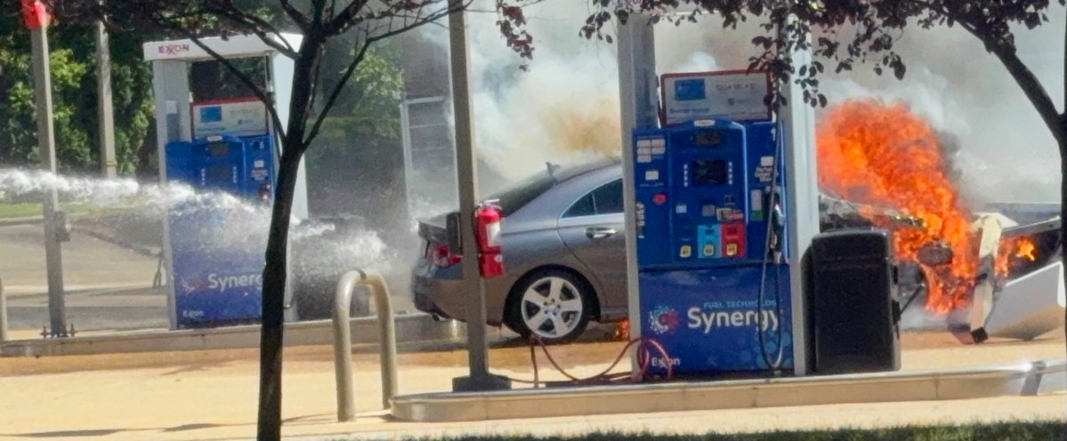 Box Alarm 5500 block Connecticut Ave NW. Vehicle into gas pump. Fire extinguished. No structural involvement. No injuries. Hazmat to continue in for fuel spill. Incident under control. DC firefighters