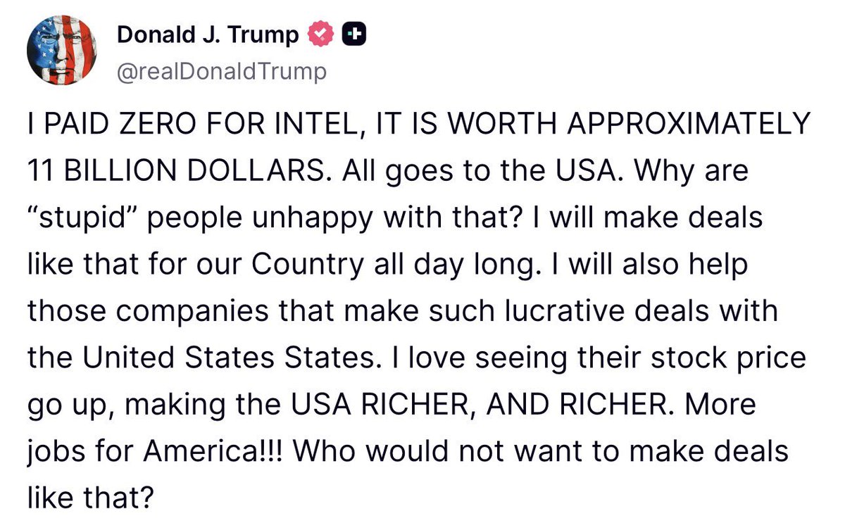 U.S. President Donald J. Trump attempts to defend last week’s deal with Intel, which saw the government receive a 10% ownership stake in the multinational tech corporation. The deal has since received immense pushback from both Conservatives and Liberals who have referred to it as Socialist/Communist-like, with Trump calling those who disagree with the decision “stupid.”