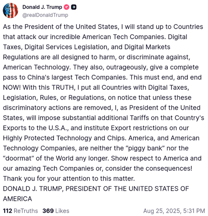 Trump threatens substantial additional Tariffs over other countries digital taxes, digital services legislation, and digital markets regulations