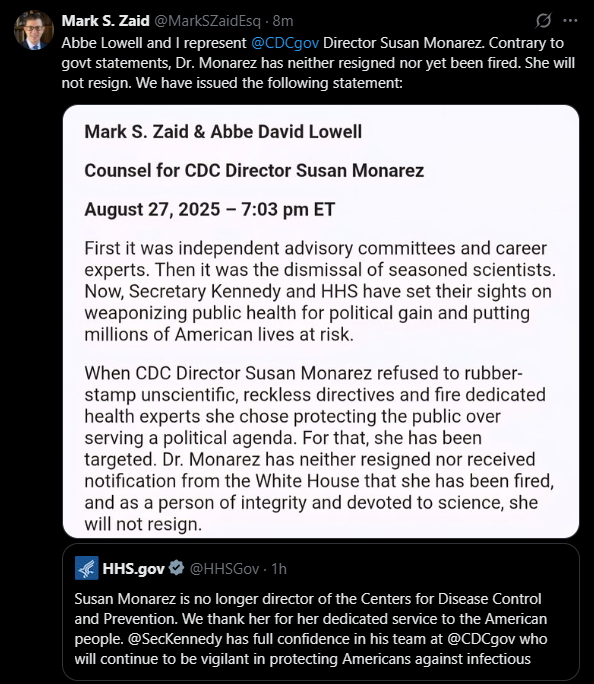 The lawyer for CDC Director Monarez has issued a statement saying that she has neither been fired nor resigned: