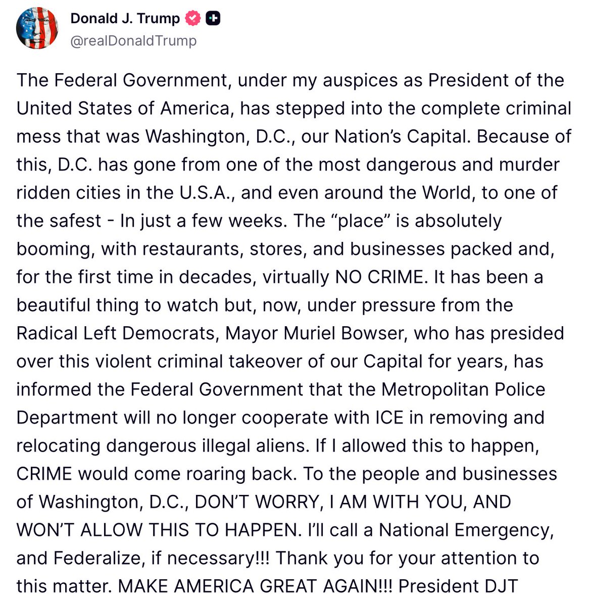 Trump writes that he could call the situation in Washington, D.C. National Emergency, and Federalize