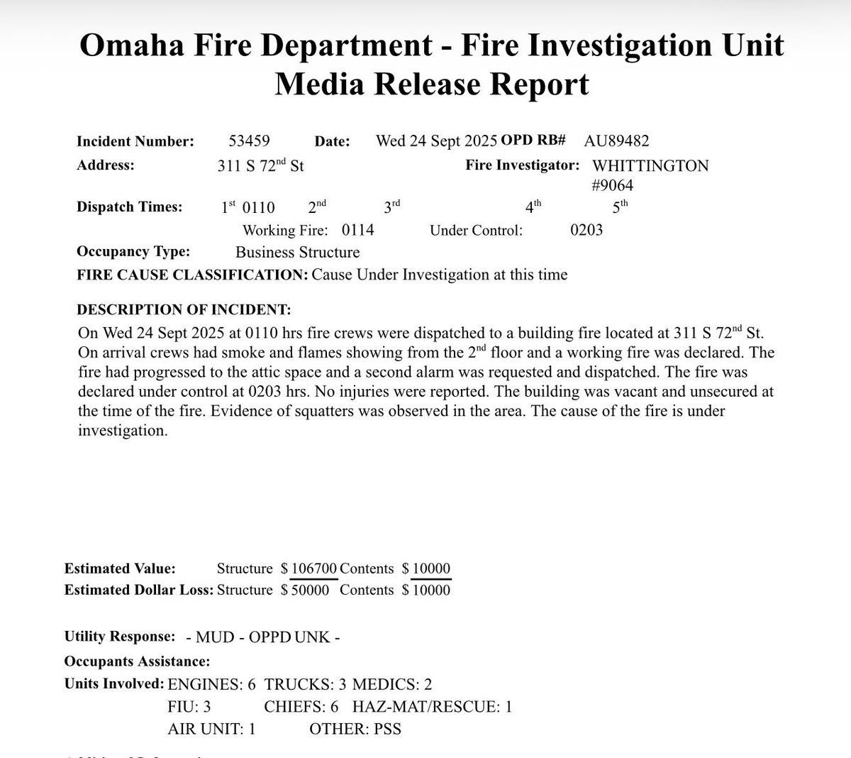 Omaha FireDept responded to a structure fire at 1:10 a.m. at 311 S 72nd Street. A second alarm was called and the fire was under control at 2:03 a.m. Evidence of squatters was observed. The cause is under investigation