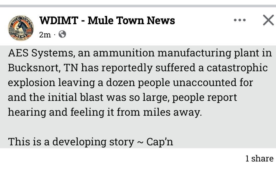 It appears this is the AES ammunition plant where the catastrophic explosion occurred this morning in Bucksnort, Tennessee. Last report was 12 people unaccounted for
