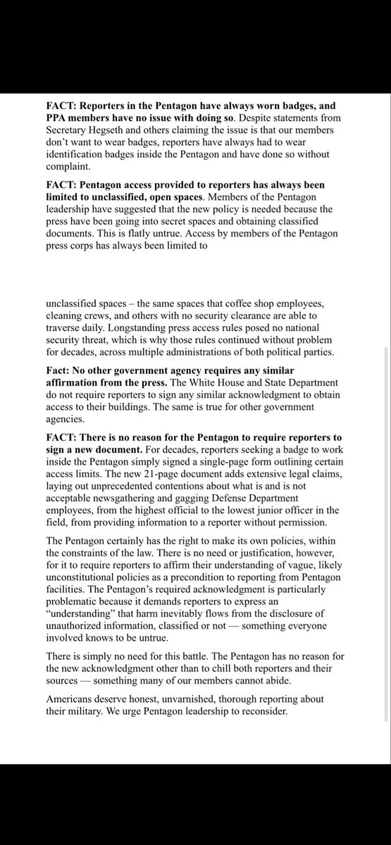 Strong statement from the Pentagon Press Association, noting that most members on Wednesday will have their credentials confiscated by the Pentagon and won’t be given new ones because the reporters can’t and won’t “acknowledge a policy that gags Pentagon employees and threatens retaliation against reporters who seek out information that has not been pre-approved for release.”