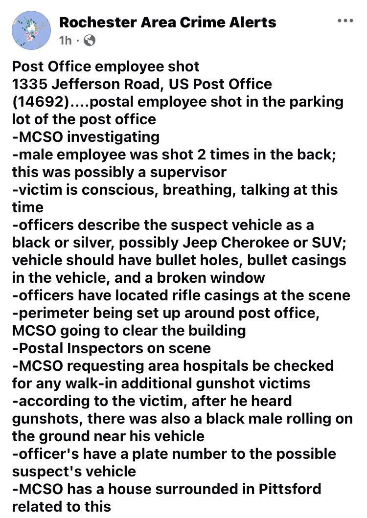 Postal employee shot.Shared from Facebook group.