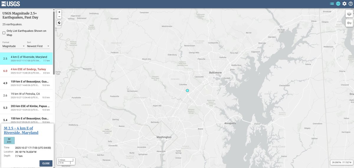 USGS says there was a 2.5 magnitude earthquake in Columbia, Maryland