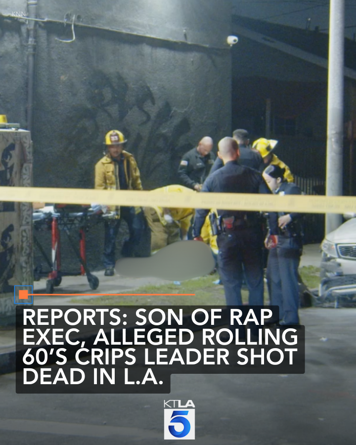 The son of a prominent figure in the L.A. rap community and alleged gang leader was shot and killed outside a smoke shop late Friday night, according to reports