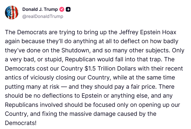 Trump accuses Democrats of reviving the “Jeffrey Epstein Hoax” to distract from the shutdown