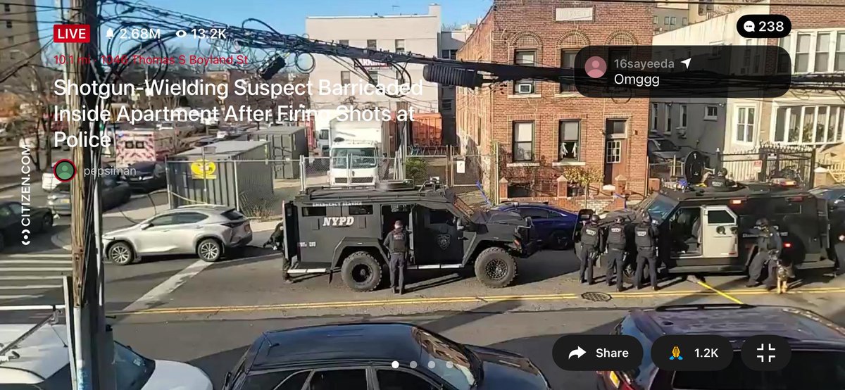 People walked out in handcuffs after a standoff in Brooklyn with Police Officer shot. Police officer shot near Hegeman Ave and Thomas S. Boyland St. Three officers transported - two from a car accident, one with a gunshot wound. NYPD says the suspect is barricaded with another person inside an apartment. Aviation and specialized units on scene.