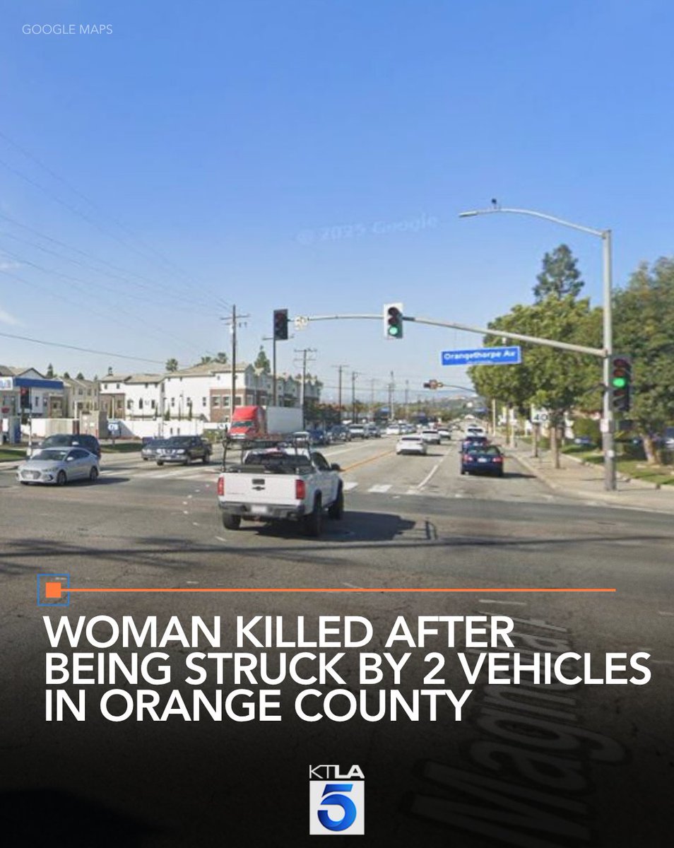 A woman was killed after being struck by two vehicles while crossing the street in Fullerton