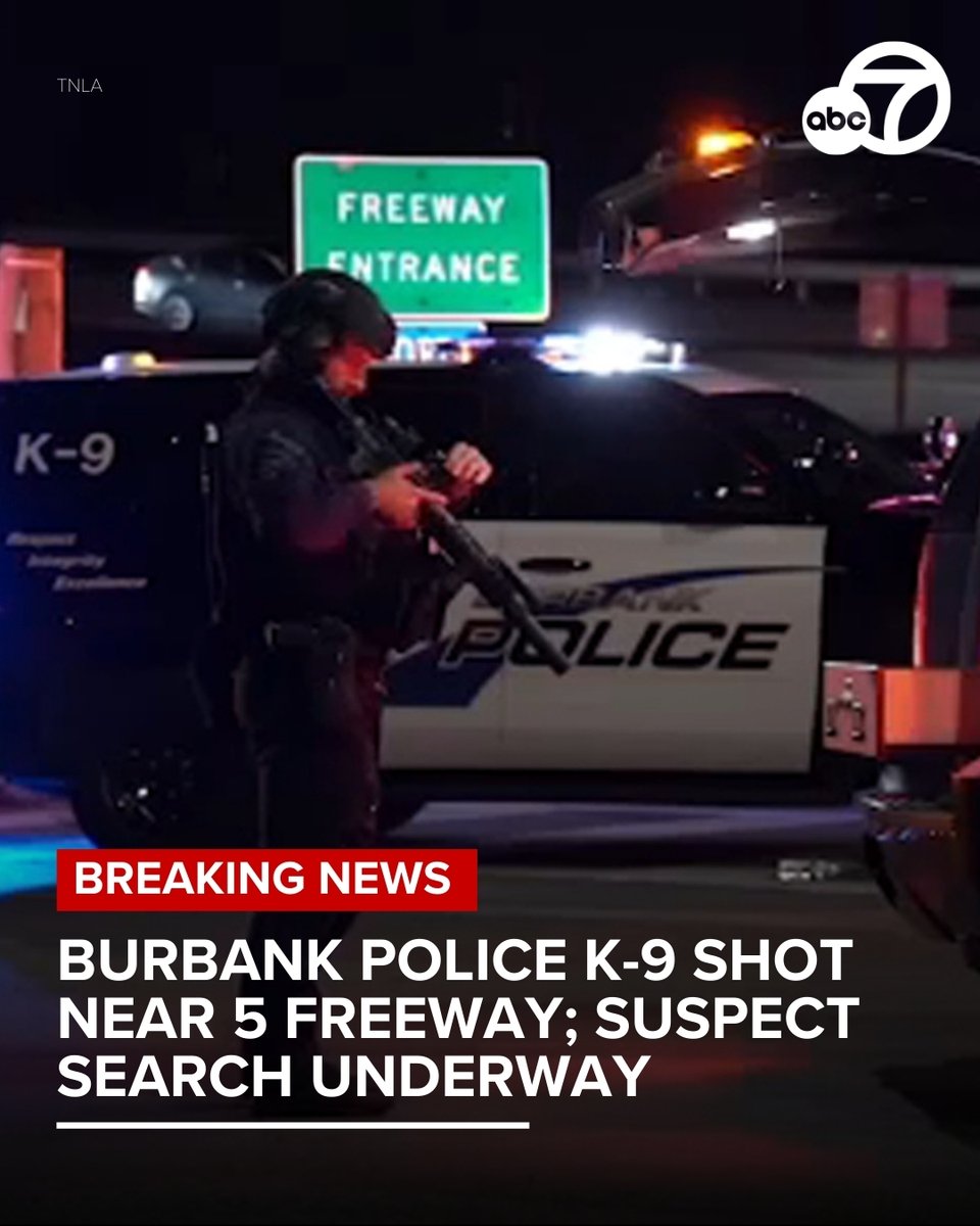 The Burbank Police Department says it's conducting an investigation in the 2400 block of Buena Vista Street and the surrounding neighborhoods searching for a suspect responsible for shooting one of their canines near the 5 Freeway