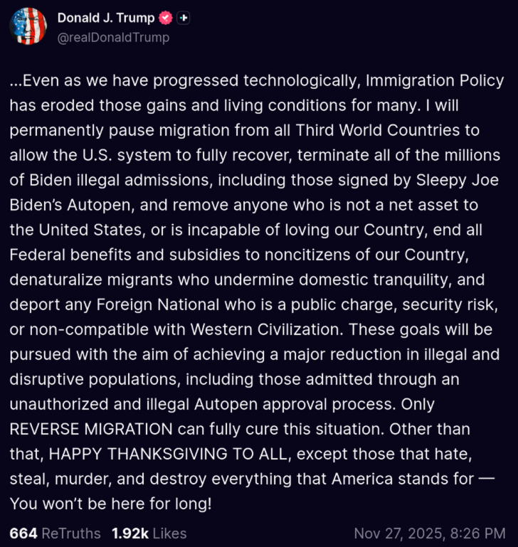 Trump says he will permanently pause migration from all Third World Countries