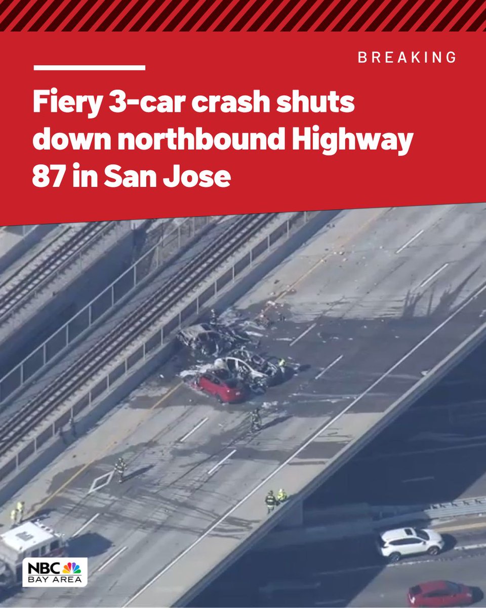 A fiery three-car crash has shut down northbound Highway 87 in San Jose