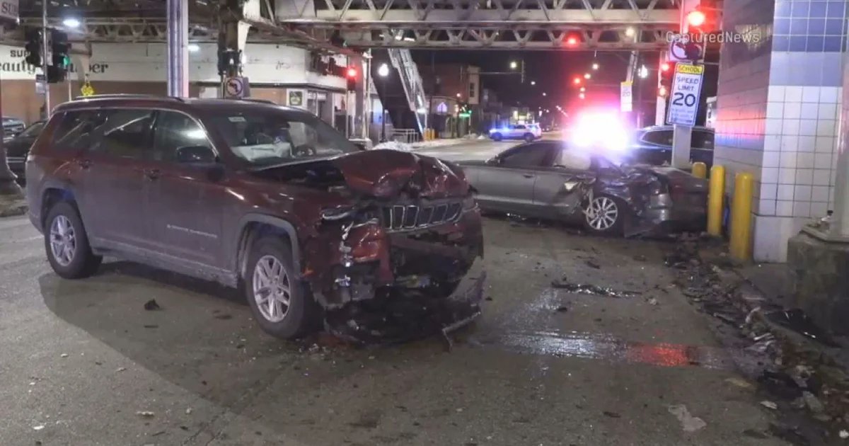 Four Hurt in Three-Car Crash Wednesday Night 6200 Block of S King Dr . Chicago Southside. Unit 1 a gray sedan was traveling northbound when it struck Unit 2 a  blue SUV in the intersection.