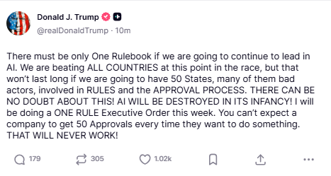 הנשיא טראמפ אומר כי יחתום השבוע על צו נשיאותי שמטרתו לשים קץ לטלאים של חוקים מדינתיים לטובת תקן לאומי.