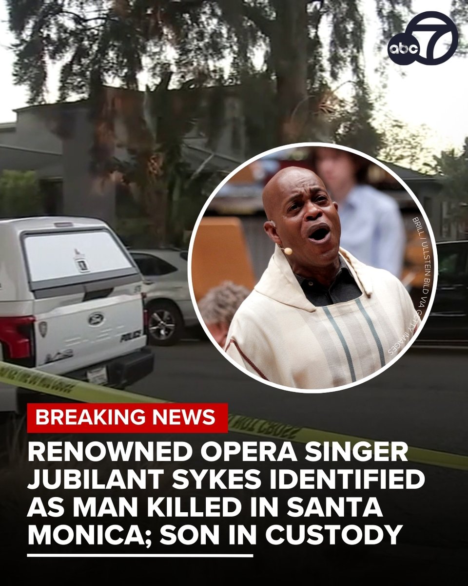 A 31-year-old was taken into custody after his father, a renowned opera singer, was found dead inside a home in Santa Monica. Police said 71-year-old Jubilant Sykes, a famous opera singer, was found with critical injuries consistent with a stabbing and was pronounced dead at the scene