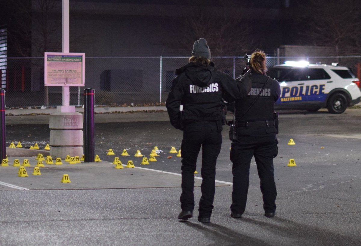 Four people were shot in Baltimore within six hours, starting on Tuesday evening and spilling over into the early hours of Wednesday morning. One person died from their injuries after they were gunned down at a gas station. Another person climbed over a backyard fence while shot