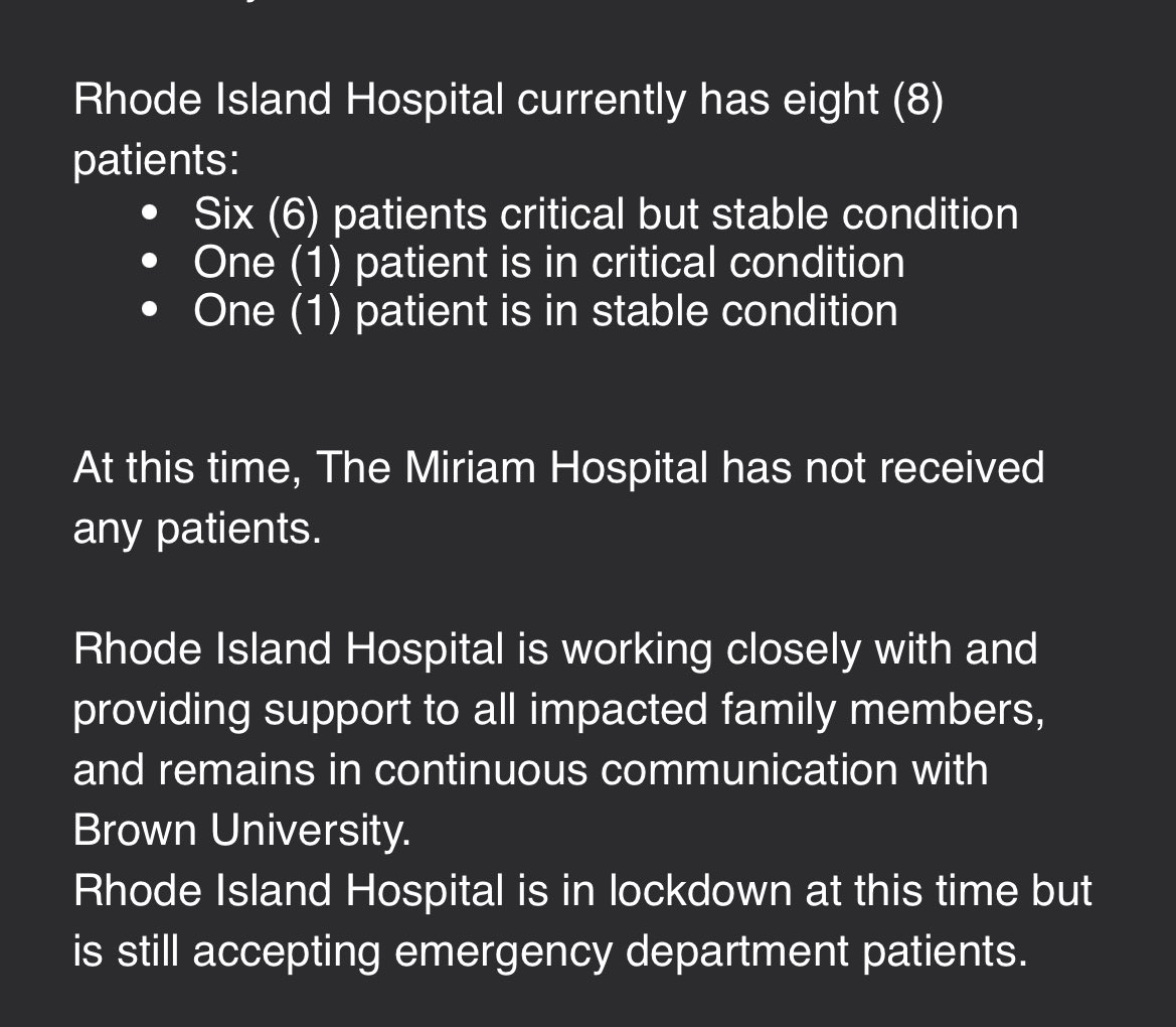 A RI Hospital spokesperson tells of 8 patients they received, 6 are critical but stable, 1 critical, 1 stable. The hospital is in lockdown
