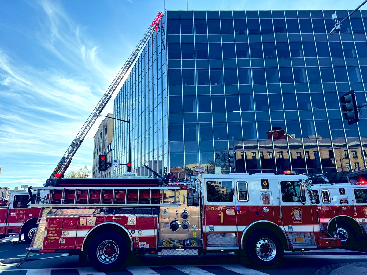 Box Alarm 1600 block Connecticut Ave NW. Fire in ductwork from restaurant kitchen running up exterior of multi-story commercial building. Units have opened up ductwork and have water on fire. No injuries. Additional truck and air unit requested. DC firefighters