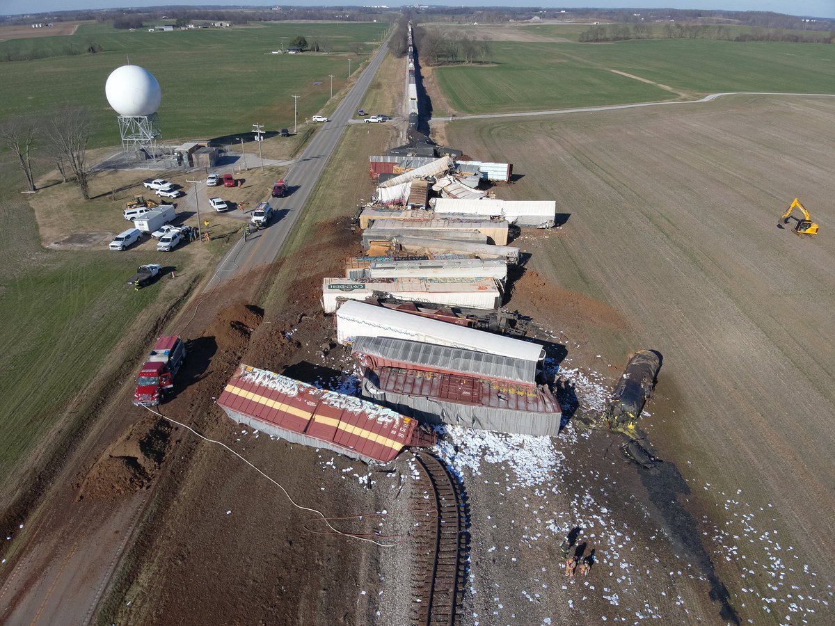 Aerial photos of the scene after 31 rail cars derailed in Trenton, KY. No injuries have been reported.