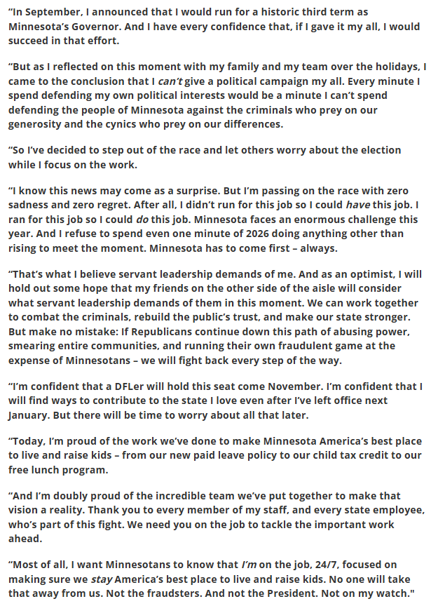 Minnesota Gov. Tim Walz announces he will not seek reelection