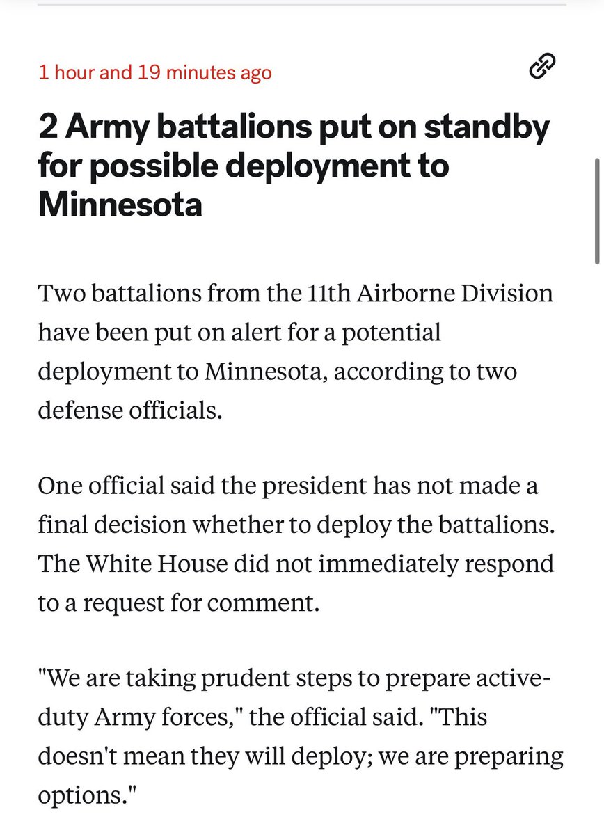 Two battalions from the 11th Airborne Division have been put on alert for a potential deployment to Minnesota, according to two defense officials. One official said the president has not made a final decision whether to deploy the battalions. - ABC