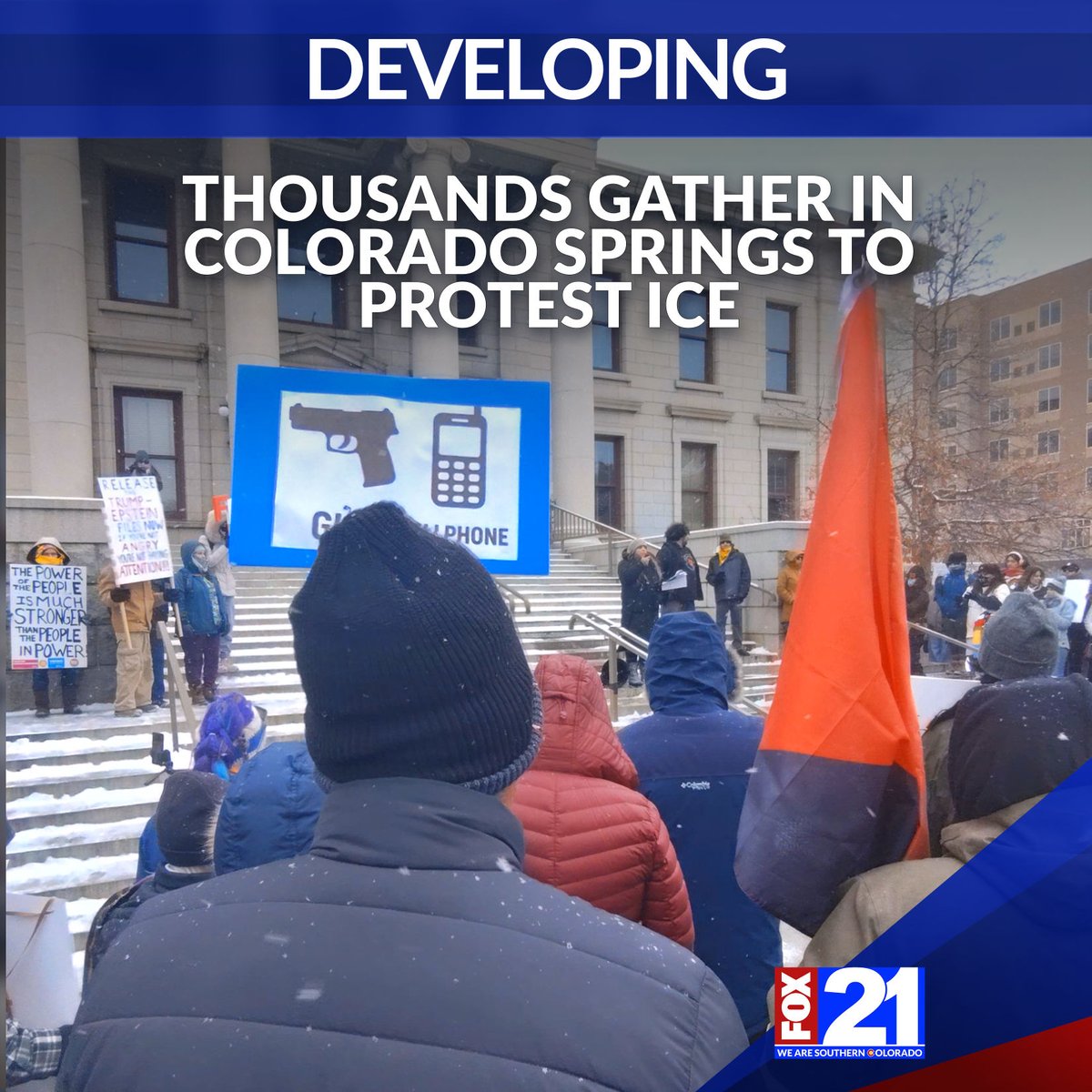Crowds gathered in front of City Hall in Colorado Springs to protest against ICE following the second shooting in Minneapolis within a month