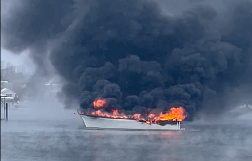 Large cabin cruiser boat erupts in flames in Cornelius.