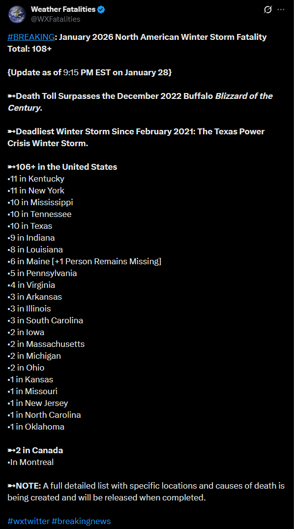 At least 108 people killed in widespread winter storm, including 106 in the United States and 2 in Canada.