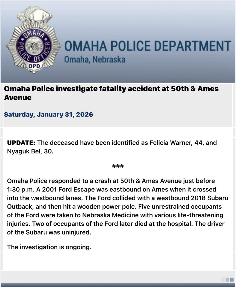 Omaha Police are investigating a fatal crash near 50th and Ames that left two dead