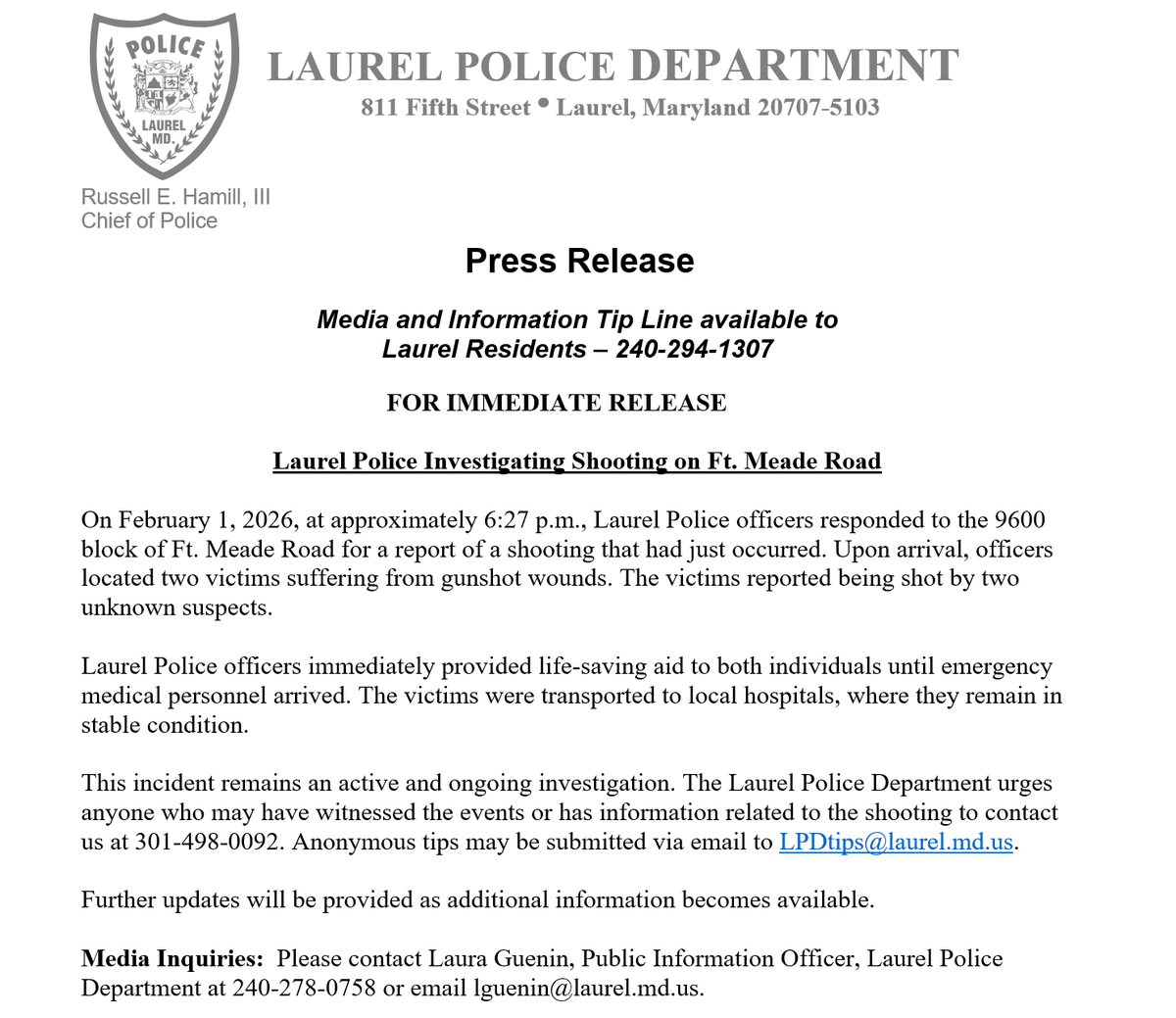 Laurel Police Investigating Shooting on Ft. Meade Road