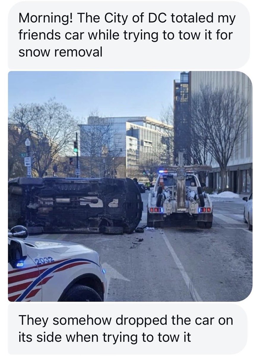 DC Department of Public Works tow truck dropped a vehicle on its side while in the towing process on the 1200 block of L Street NW, according to DC Police.The owner was notified and DC Police took a report