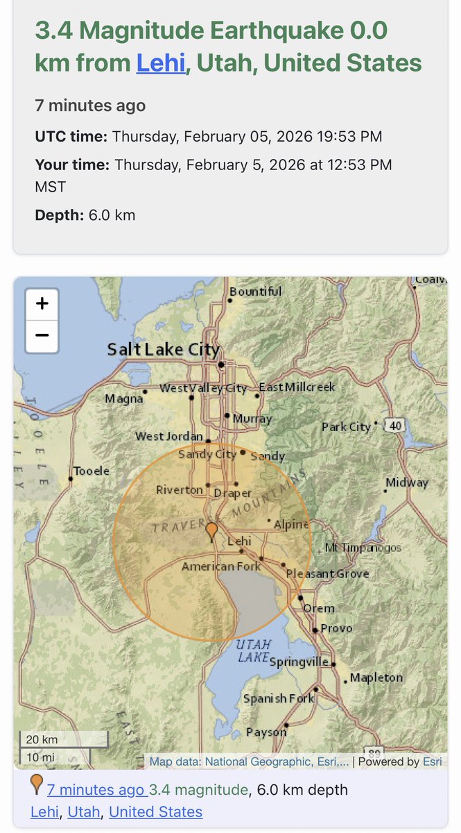 Earthquake Lehi 3.4 Magnitude Earthquake 0.0 km from Lehi, Utah,7 minutes ago
