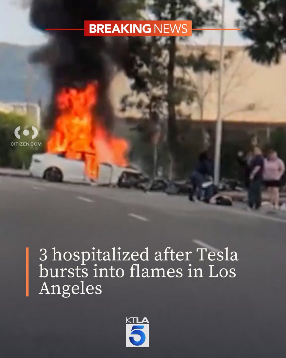 Three people were transported to hospitals Monday morning after a Tesla caught fire in Los Angeles’ San Fernando Valley