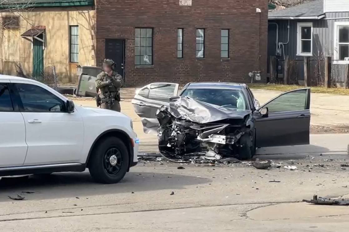 Indiana State Police tellThis was a pursuit of a wanted felon, the felon crashed into another vehicle then was taken into custody.ISP says two people were transported with what are believed to be non-life-threatening injuries.