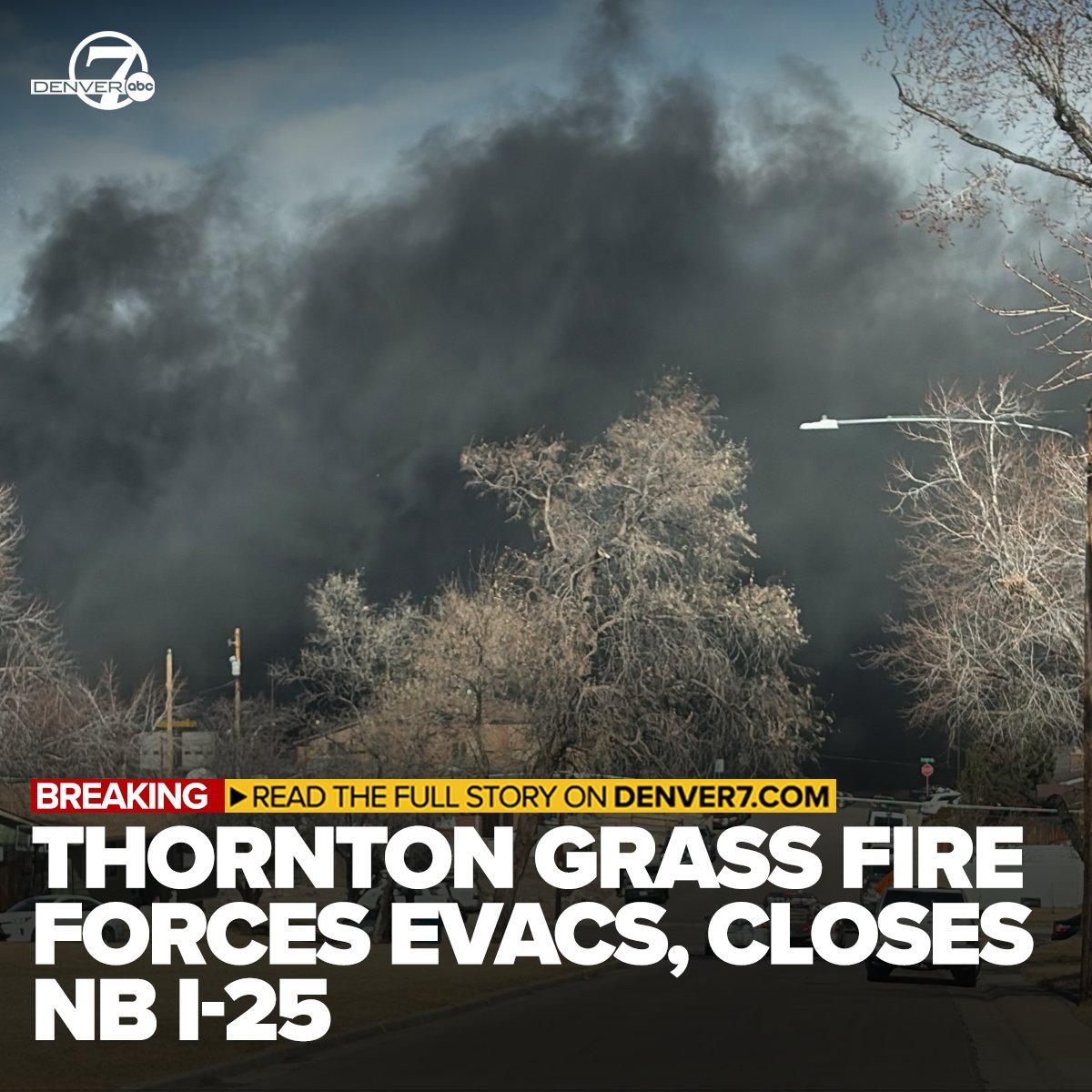 Fire crews are working a grass fire in Thornton, prompting evacuations and the closure of NB I‑25