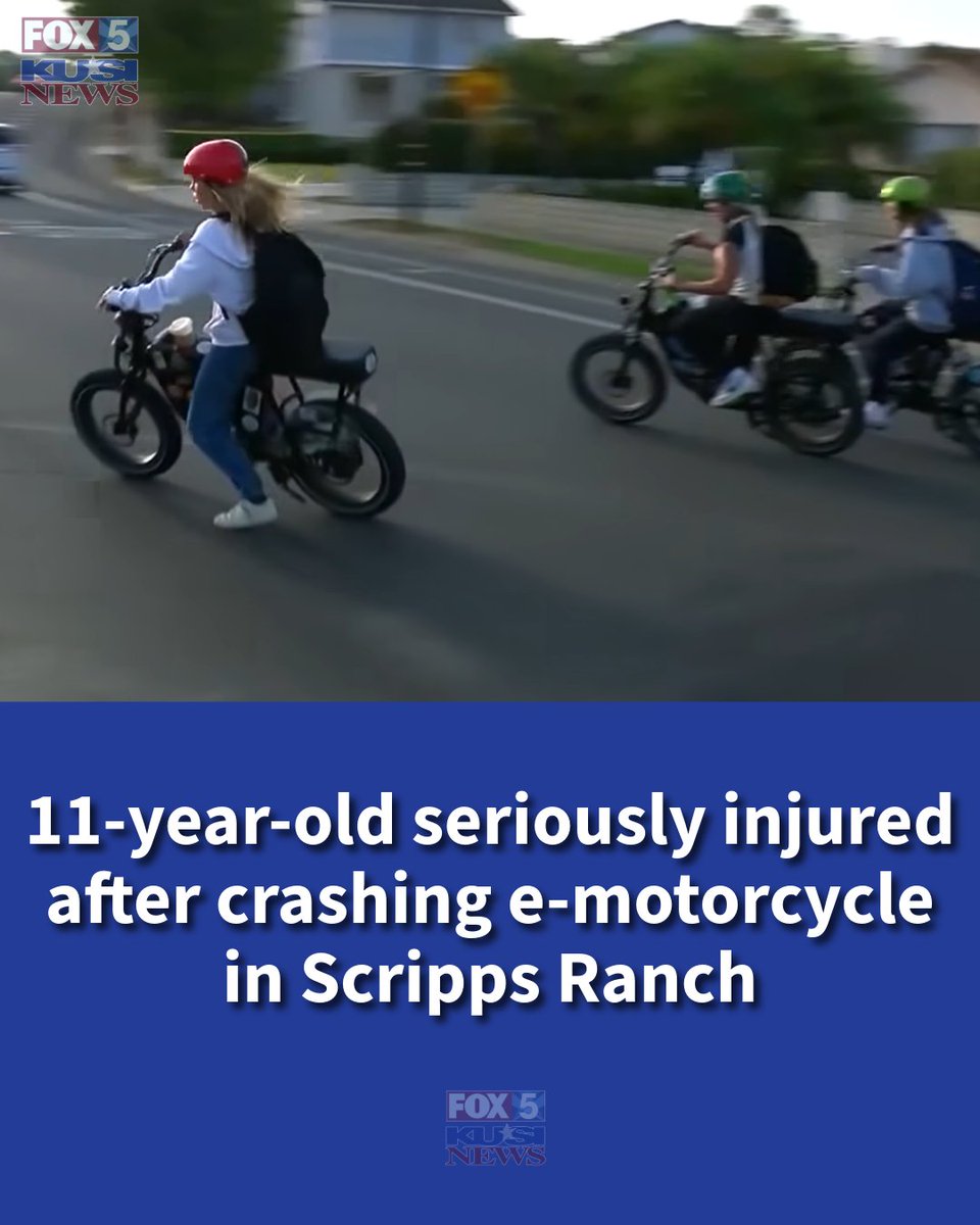 The San Diego Police Department confirmed an 11-year-old was seriously injured on Friday evening after the child crashed on an electric motorcycle at a park.   reported crash at Jerabek Park in Scripps