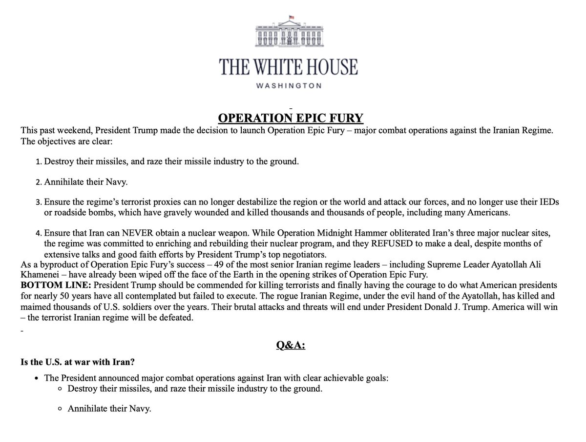 White House talking points for congressional Republicans say we're not at war, just major combat operations against Iran